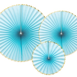Pastel Blue Paper Fans - Luxurious Paper Fans  - Blue and Gold - 3 in each pack - Party Wall Decoration - Pinwheel - Fan Decor Kit
