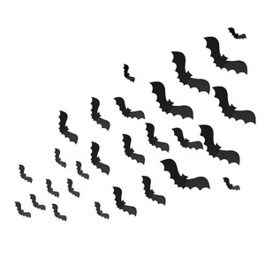 May include: A white background with a black silhouette of bats flying in a diagonal pattern from the top right corner to the bottom left corner.