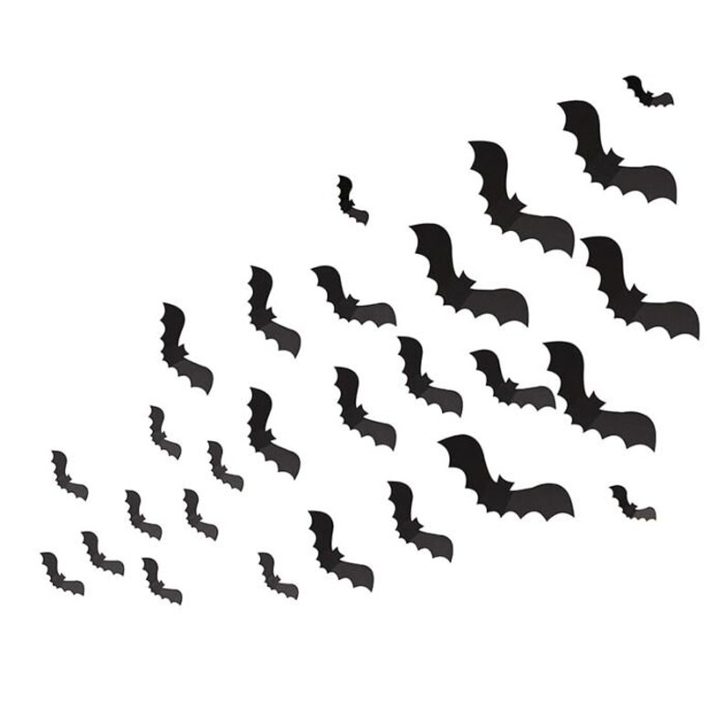 May include: A white background with a black silhouette of bats flying in a diagonal pattern from the top right corner to the bottom left corner.