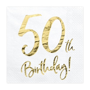 Può includere: Tovaglioli di carta bianchi con scritta in oro "50° compleanno!"