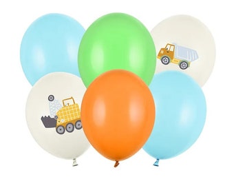 6 Baufahrzeug-Ballonbündel, Bauluftballons, Bauluftballons, Party im Bauwesen, Bagger, Kipplaster