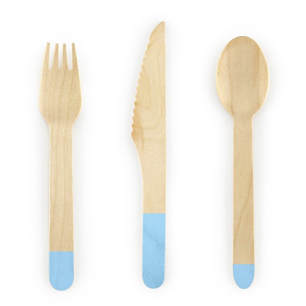 Couverts en bois bleu pastel - Ensemble de 18 - Ensemble de couverts en bois Bleu pâle - Vaisselle bleue - Couverts en bois - Couverts bleus - Baby Shower