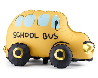 Peut inclure: Ballon jaune en forme de bus scolaire avec des roues noires et l'inscription "SCHOOL BUS" en noir. Le ballon a des fenêtres bleu clair et des accents dorés. Parfait pour une fête ou un événement sur le thème de l'école.