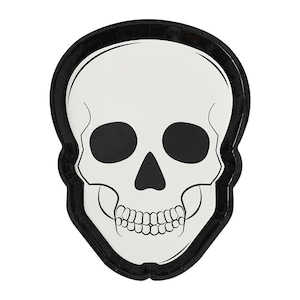 K&ouml;nnte beinhalten: Ein wei&szlig;er, sch&auml;delformiger Pappteller mit schwarzen Augenh&ouml;hlen, Nase und schwarzem Rand. Der Teller zeigt eine detaillierte Illustration von Z&auml;hnen und Gesichtskonturen, ideal f&uuml;r Halloween oder Themenpartys.