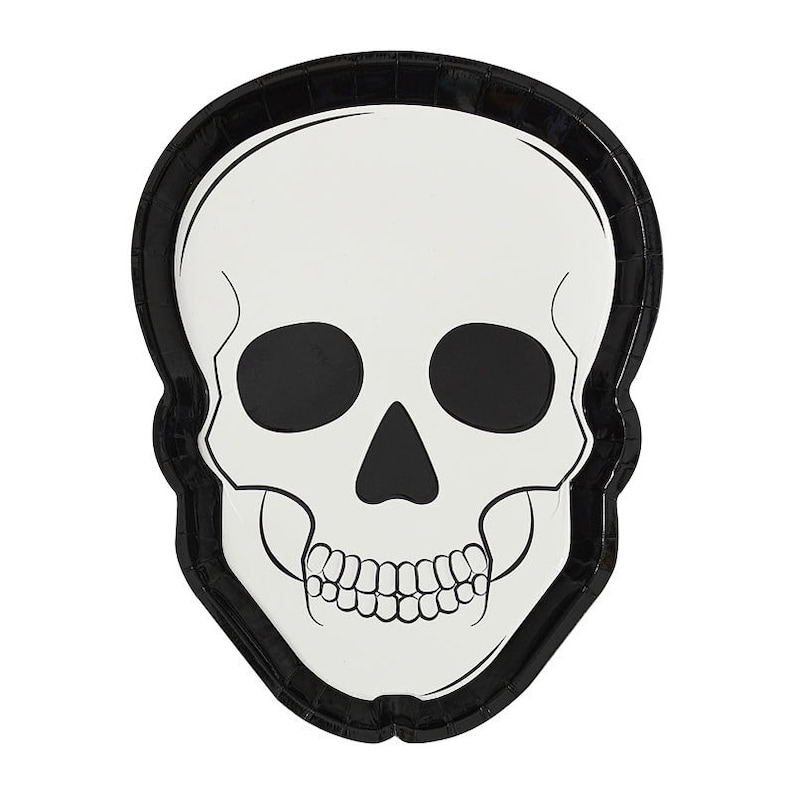 K&ouml;nnte beinhalten: Ein wei&szlig;er, sch&auml;delformiger Pappteller mit schwarzen Augenh&ouml;hlen, Nase und schwarzem Rand. Der Teller zeigt eine detaillierte Illustration von Z&auml;hnen und Gesichtskonturen, ideal f&uuml;r Halloween oder Themenpartys.