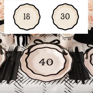 May include: Three pink and black paper plates with black numbers 18, 30, and 40. The plates have a scalloped edge and a black bow design.