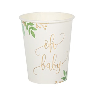 8 vasos "Oh Baby", vasos de papel botánicos para bebés, vajilla para baby shower en blanco y verde, baby shower neutro en cuanto al género, baby shower natural