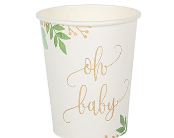 8 'Oh Baby' Tassen, botanische Baby Pappbecher, weiße und grüne Babypartygeschirr, geschlechtsneutrale Babyparty, natürliche Babyparty