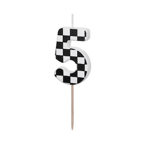 May include: Black and white checkered number five birthday candle. The candle is on a wooden stick.