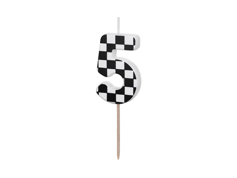 May include: Black and white checkered number five birthday candle. The candle is on a wooden stick.