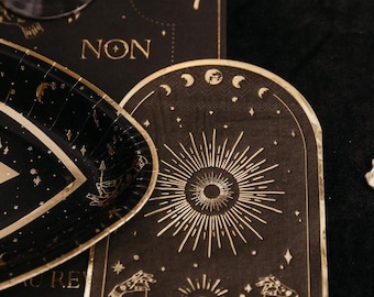 16 Cosmic Spirit Paper Napkins in Black with Gold, Adult Halloween Napkins, Tarot Napkins, Cosmic Paper Napkins, Halloween Tableware