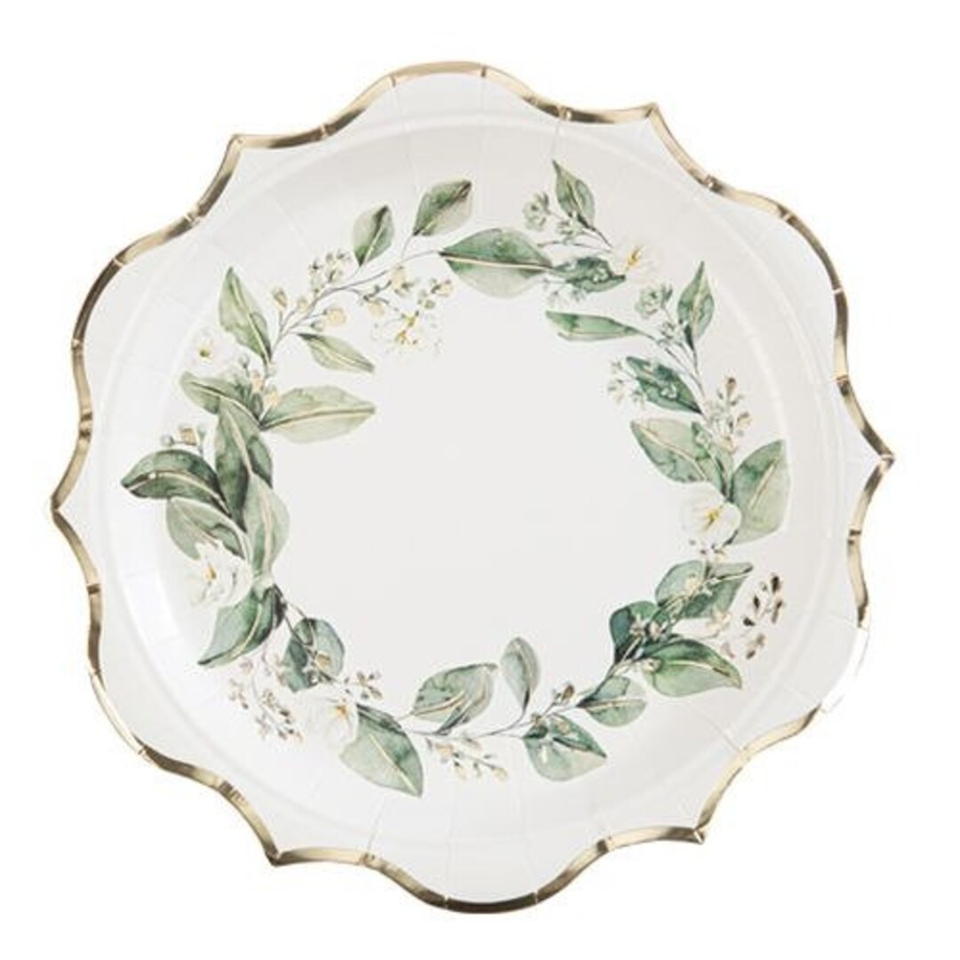 8 Botanical Foliage and Gold Plates, 23cm, Sage Green and Gold ...