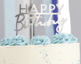 Silver Acrylic Happy Birthday Cake Topper, Silver Cake Topper, Birthday Cake Decorations, Silver Happy Birthday Cake Topper