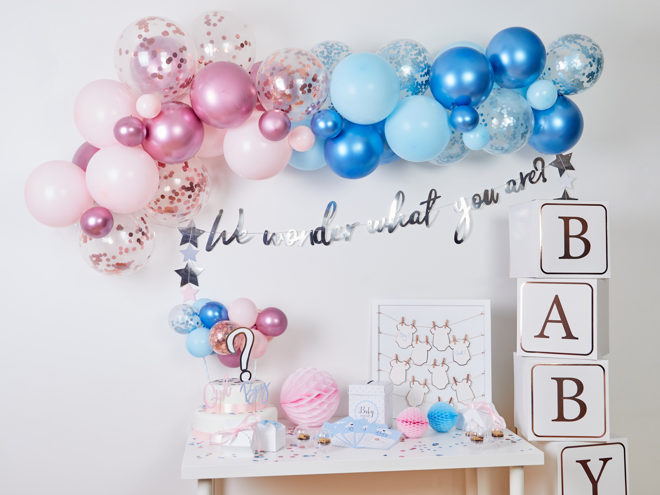 141Pcs Gender Reveal Party Decoration,132Pcs Kit Arche Ballon Rose et Bleu  et 4 Boite Baby