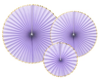 Pastel Lilac Paper Fans - Luxurious Paper Fans  - Lilac and Gold - 3 in each pack - Party Wall Decoration - Pinwheel - Fan Decor Kit