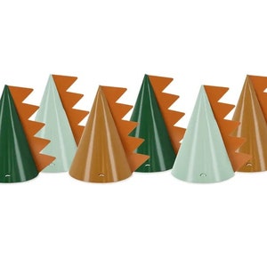 May include: Set of six party hats in green, brown, and light blue with orange scalloped edges. The hats are shaped like cones and have a small hole at the top.