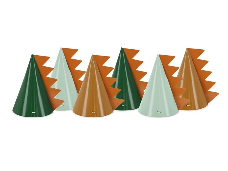 May include: Set of six party hats in green, brown, and light blue with orange scalloped edges. The hats are shaped like cones and have a small hole at the top.