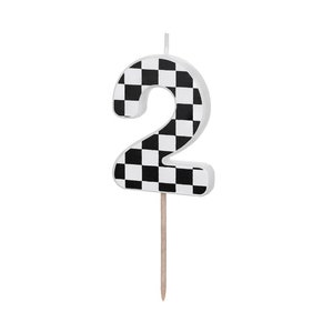 May include: Black and white checkered number two birthday candle. The candle is on a wooden stick.