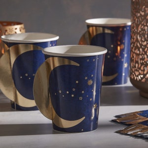 Bicchieri di carta pop-out luna blu navy e oro per Eid, bicchieri di carta blu navy, bicchieri di carta per Eid, stoviglie blu navy, bicchieri per feste di compleanno