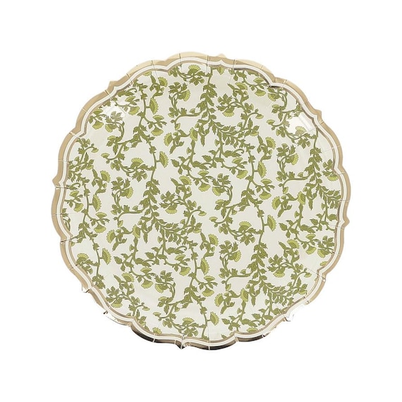 8 Botanische grüne Papierteller, 23 cm, hohe Qualität, Pistazie und Gold mit Laubdruck, Vintage grüne und cremefarbene Papierteller, Vintage