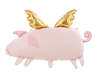 Könnte beinhalten: Ein rosa Schweinchenballon mit goldenen Flügeln. Das Schweinchen hat einen kleinen Schwanz und ein süßes Gesicht mit goldenen Punkten als Augen.