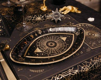 8 Cosmic Spirit Plates in Black with Gold, Black and Gold Plates, Moon Paper Plates, Cosmic Paper Plates, Paper Plates, Tableware