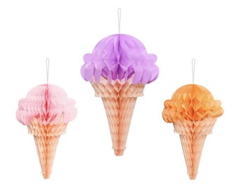 3 Ice Cream Tissue Honeycomb Tissue Decorations, 20-30 cm, Ice Cream Party, Candy Theme, Sweet Treat, Sweet Party, Summer Party, Ice Cream