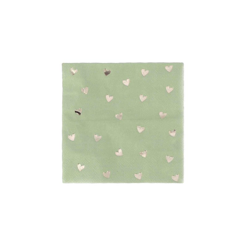 May include: A square, light green napkin with a pattern of small, metallic silver hearts. The hearts are evenly spaced across the surface of the napkin. The napkin is likely made of paper or a similar material.
