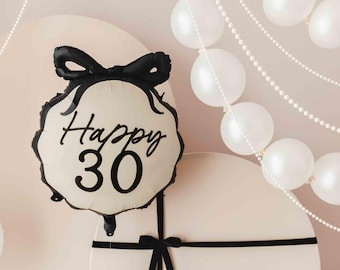 Black Bow Birthday Foil Balloon, 18th, 30th, 40th, 50th, 60th, 45cm/18in, Cream Balloon with Black Bow, Black And Cream Bow Decorations