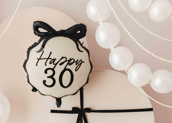 Black Bow Birthday Foil Balloon, 18th, 30th, 40th, 50th, 60th, 45cm/18in, Cream Balloon with Black Bow, Black And Cream Bow Decorations