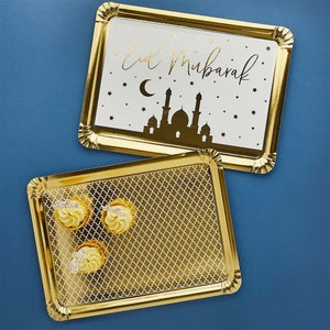 Grote gouden eid-serveerschalen, eid-borden, eiddecor, feestmaaltijden, eid-vieringen, eid, vrolijk eid, papieren borden