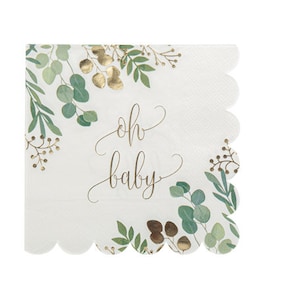 16 Lovely &#39;Oh Baby&#39; Napkins, Botanical Baby Napkins, White and Green Baby Napkins, Baby Shower Napkins, Gender Neutral, Gender Reveal Napkin