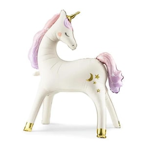 May include: An inflatable unicorn in white with a pink and purple mane and tail. The unicorn has a gold horn and gold accents on its hooves. Gold crescent moon and star details are on the side.