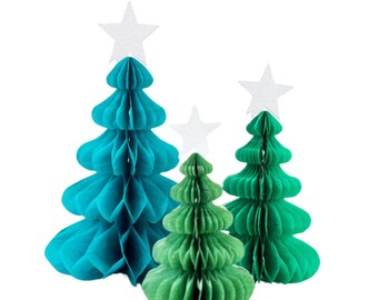 3 Large Christmas Tree Honeycombs with Star, Christmas Honeycombs, Pop Up Tree Decoration, Festive Honeycomb, 3D Xmas Trees, Green Trees