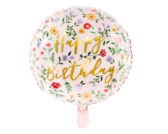 Floral Pink Happy Birthday Balloon, 45cm, Pink Happy Birthday Foil Balloon, Flowery Birthday Balloon, Happy Birthday Balloon, Pink Birthday