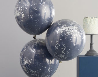 Double Layered Navy and Silver Confetti Balloon Bundle, Confetti Birthday Balloons, Confetti Balloon Decorations, Navy Balloons