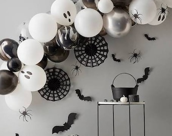 Spooky Balloon Arch including Spider and Cobwebs, Halloween Balloon Garland, Halloween Balloon Garland Kit, Black, White and Black