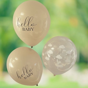 6 Hello Baby Beige and Cloud Print Baby Shower Balloons, Baby Shower Confetti Balloons, Cloud Balloons, Neutral Baby Shower