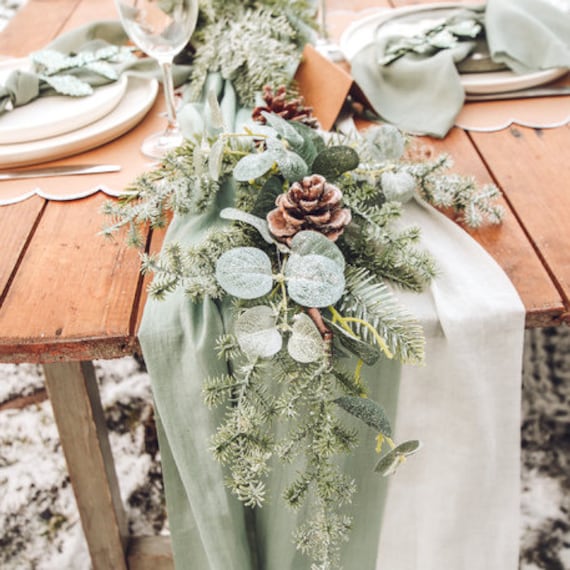 Beautiful Eucalyptus Green Table Runner 28cm 48cm Width Green