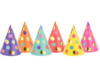 6 Colourful Dots Party Hats, Polka Dot Party Hats, Rainbow Party, Kids Birthday Party Hats, Party Photo Prop, Spotty Hats, Multicolour, Gold
