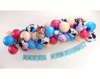 Farm Balloon Arch, Farm Balloon Garland, Farm Themed Birthday Decorations, Cowboy Balloon Arch, Farm Balloon, Animal Balloons, Cow,