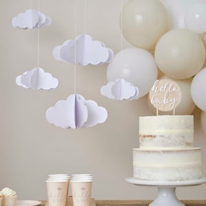 5 witte 3D hangende wolkversieringen, 3D mobiel, papieren wolken, hangende papieren decoraties, neutraal geslacht, babyshower, eerste verjaardag