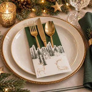 Könnte beinhalten: Ein weißer Keramikt weißer Keramikteller mit Goldrand enthält eine dunkelgrüne Papierservietten-Tasche mit einem aufgedruckten Winterwald-Motiv, Hirschen und einem Gebäude. Darin befinden sich eine goldene Gabel, ein goldenes Messer und ein goldener Löffel.