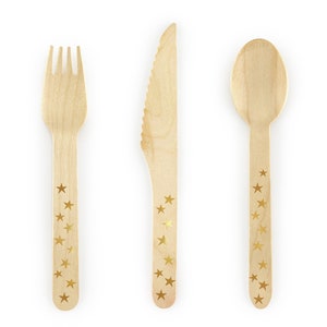 Holzbesteck mit Goldsterne, 18er Set, Holzbesteck Set Gold, Weihnachten Goldgeschirr, Holzbesteck, Goldbesteck, Einweg
