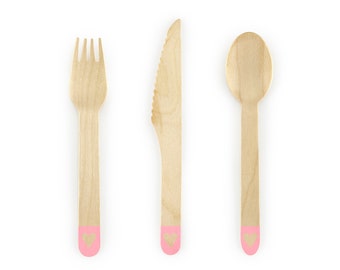 Pink Wooden Cutlery with Heart - Set of 18  - Wooden Cutlery Set with Pink Heart - Pink Tableware - Wooden Cutlery - Pink Cutlery