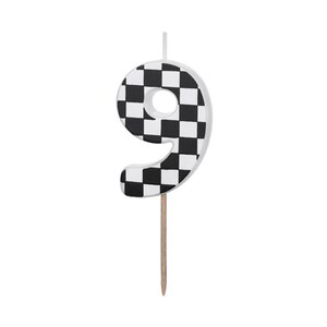 May include: Black and white checkered number nine birthday candle.
