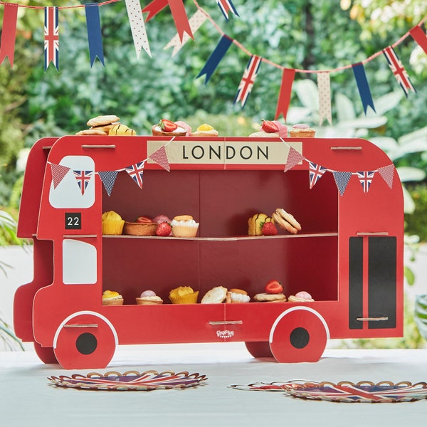 Stand de friandises pour bus rouge de Londres, stand de nourriture pour bus de Londres, thé de l'après-midi britannique, décorations de fête à Londres, fête royale, présentoir à cupcakes, britannique