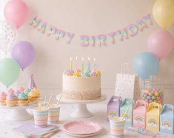 Eco-friendly Rainbow Happy Birthday Banner, Birthday Rainbow Sign,  Eco Birthday Deco, Pastel Rainbow Birthday Deco, Pastel Birthday