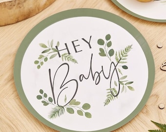 Hey Baby Teller, botanische Babypapierteller, weiße und grüne Babyteller, Babypartyteller, geschlechtsneutral, natürliche Babyparty,