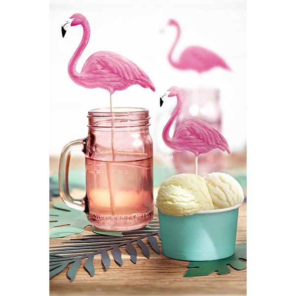 6 Large Flamingo Toppers, Flamingo Cake Toppers, Icecream Toppers, Cocktail Decorations, Flamingo Cocktail Sticks, Tropical Party Decor